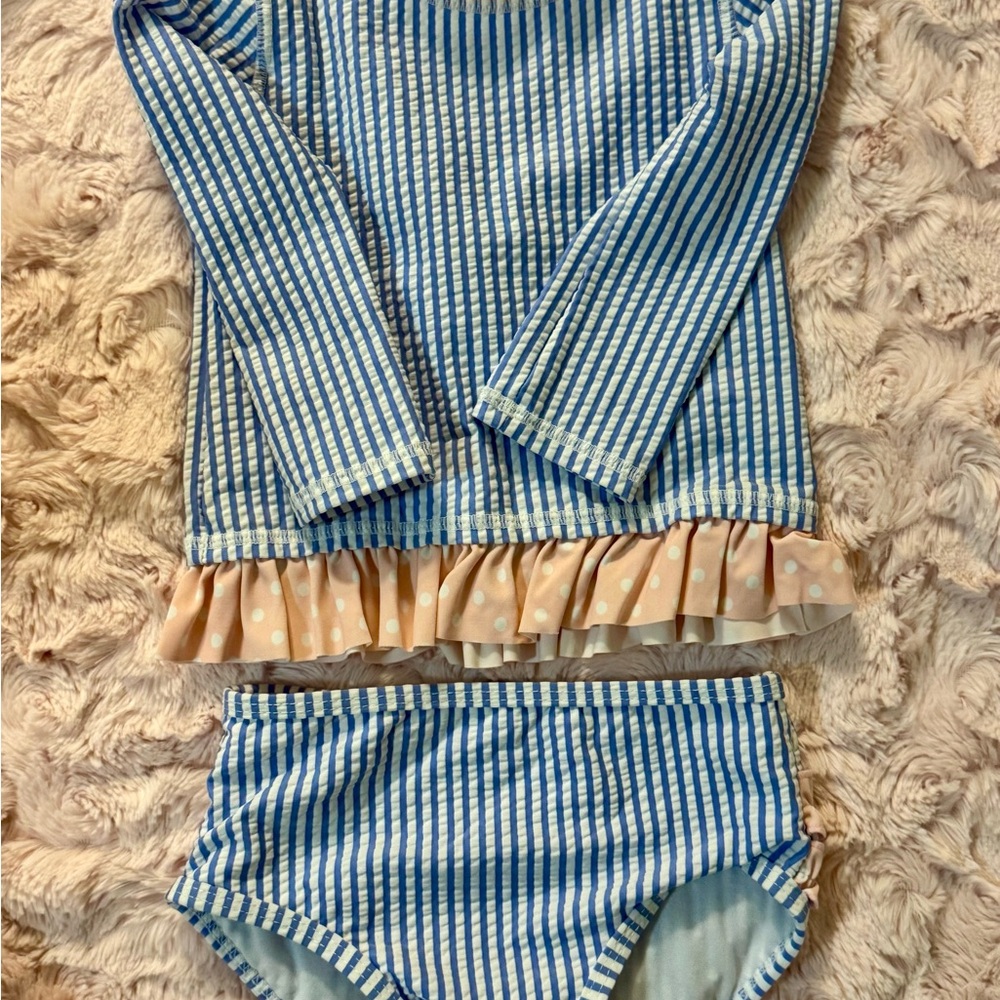Ruffle Butts Blue and White Striped Kids Swim Rashguard